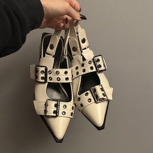 White Buckled Flats - edgy slip ons